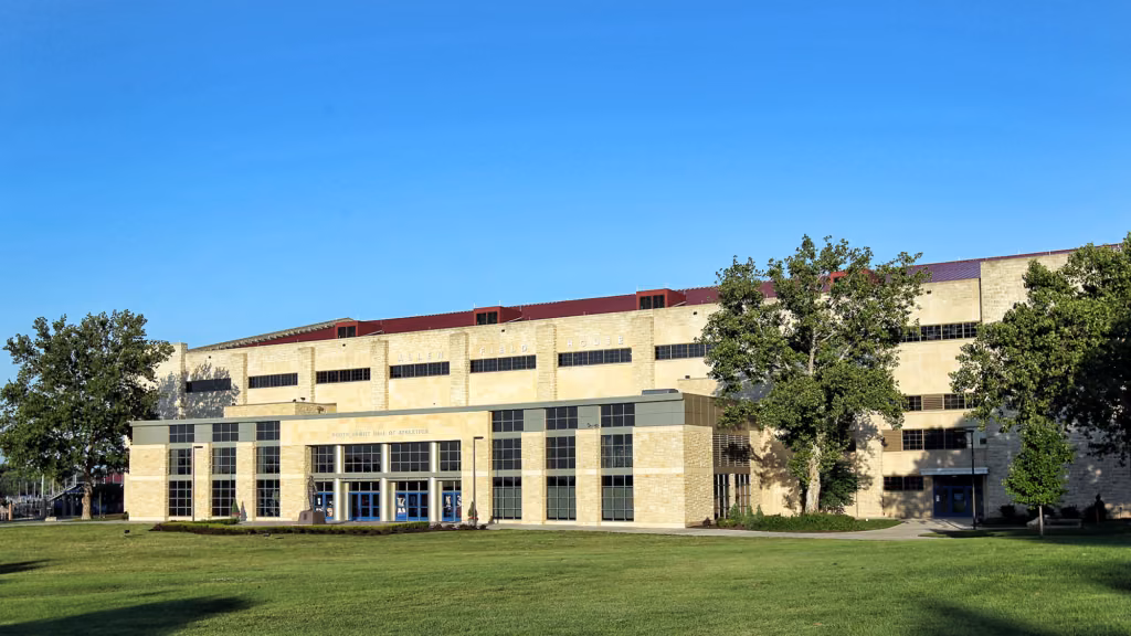 Exterior of Allen Fieldhouse, home of University of Kansas men's basketball.