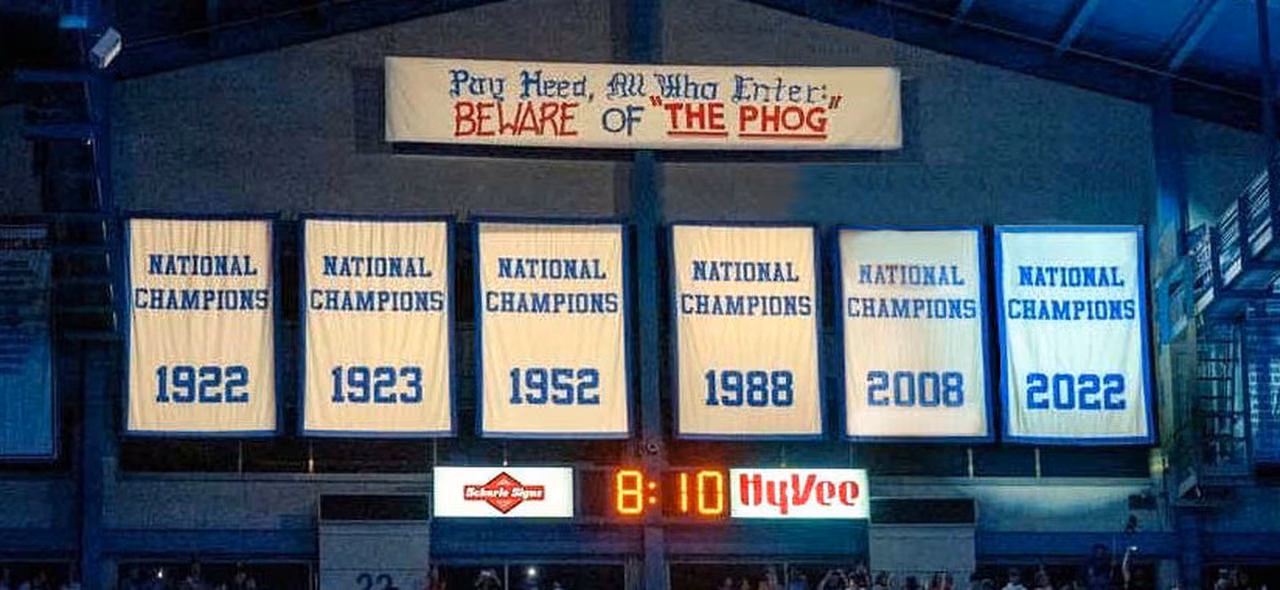 The "Beware of The Phog" banner hanging in Allen Fieldhouse at the University of Kansas